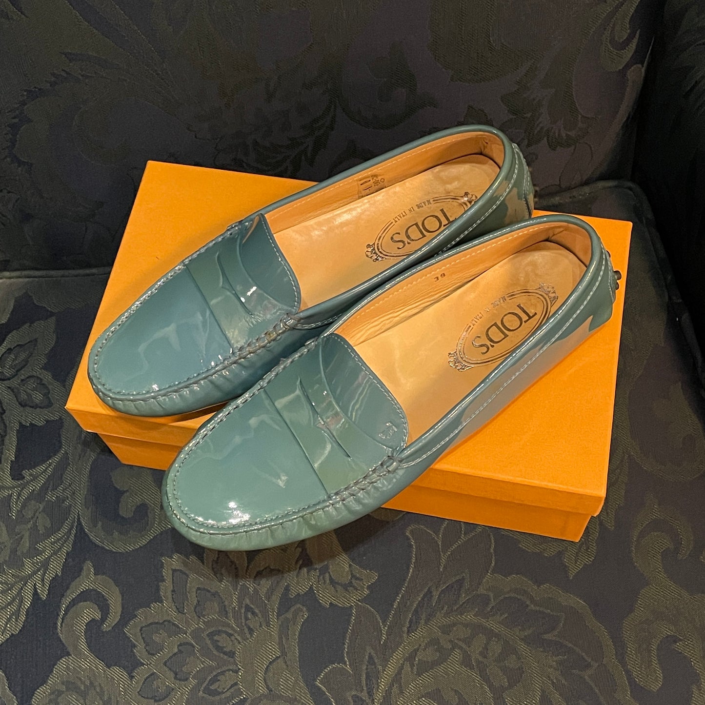 TOD’s Gommino Penny Slot Patent-Leather Loafers (Blue)