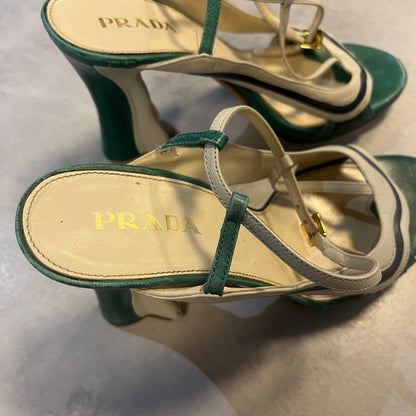 Prada Leather Colorblock Pattern T-strap Sandals