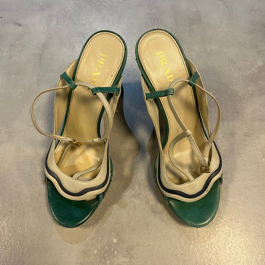 Prada Leather Colorblock Pattern T-strap Sandals