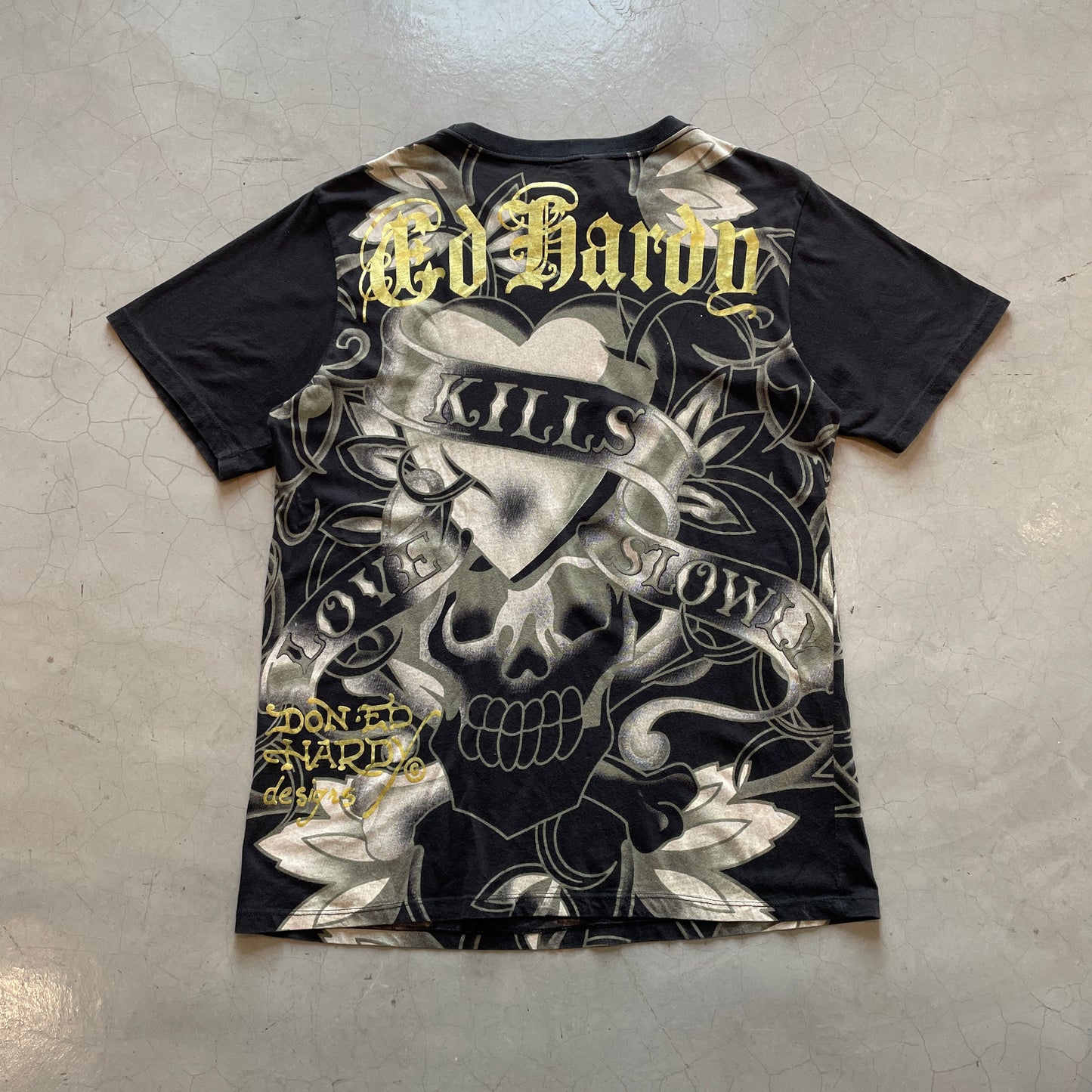 Y2K Ed Hardy by Christian Audigier Love Kills Slowly Mega Print Tee