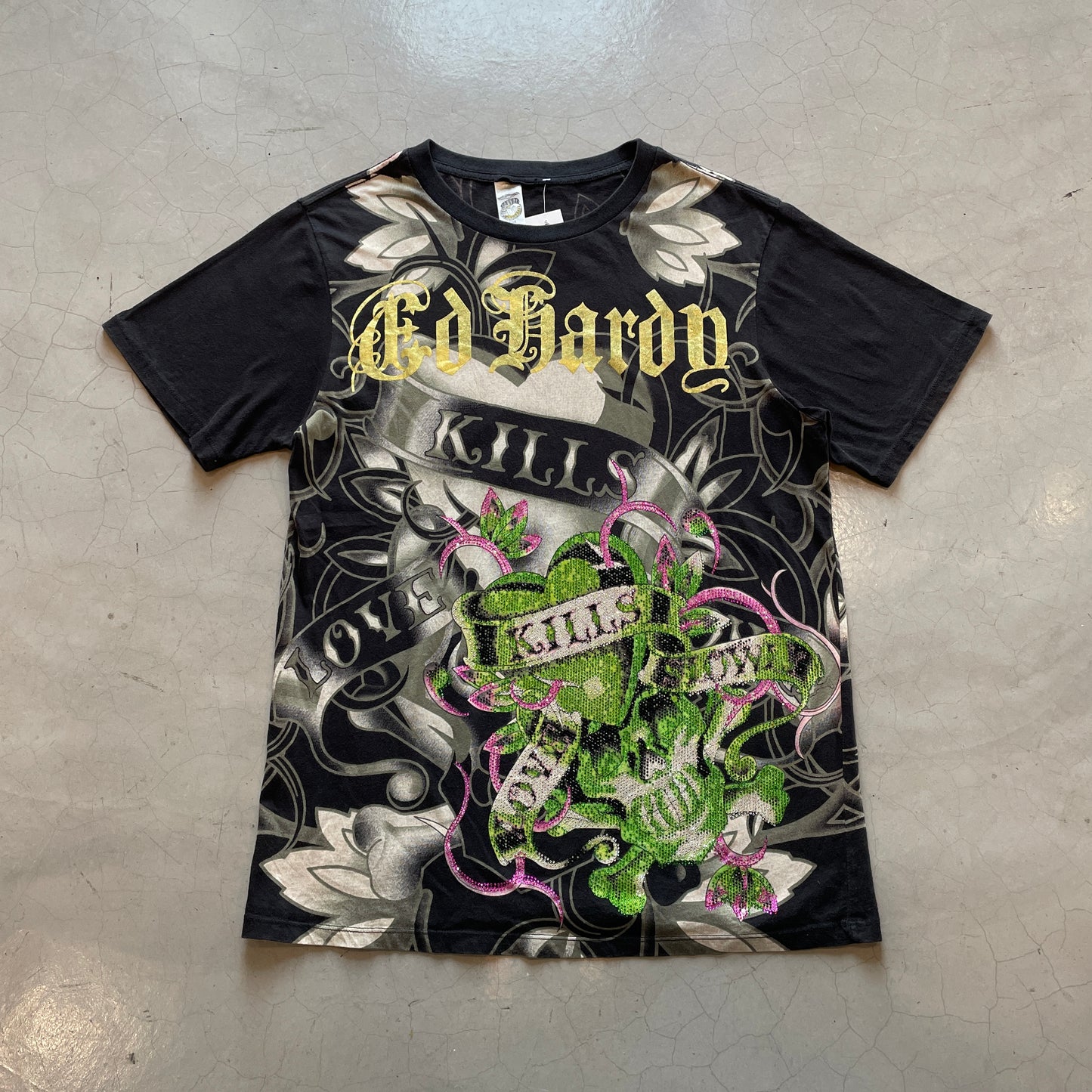Y2K Ed Hardy by Christian Audigier Love Kills Slowly Mega Print Tee