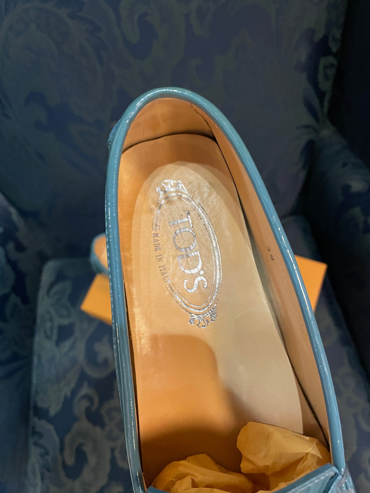 TOD’s Gommino Penny Slot Patent-Leather Loafers (Blue)