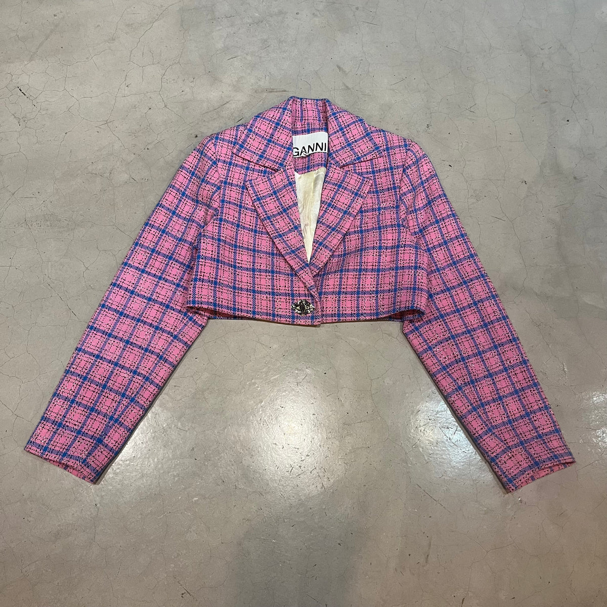 Ganni Tweed Check Cropped Blazer