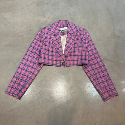 Ganni Tweed Check Cropped Blazer