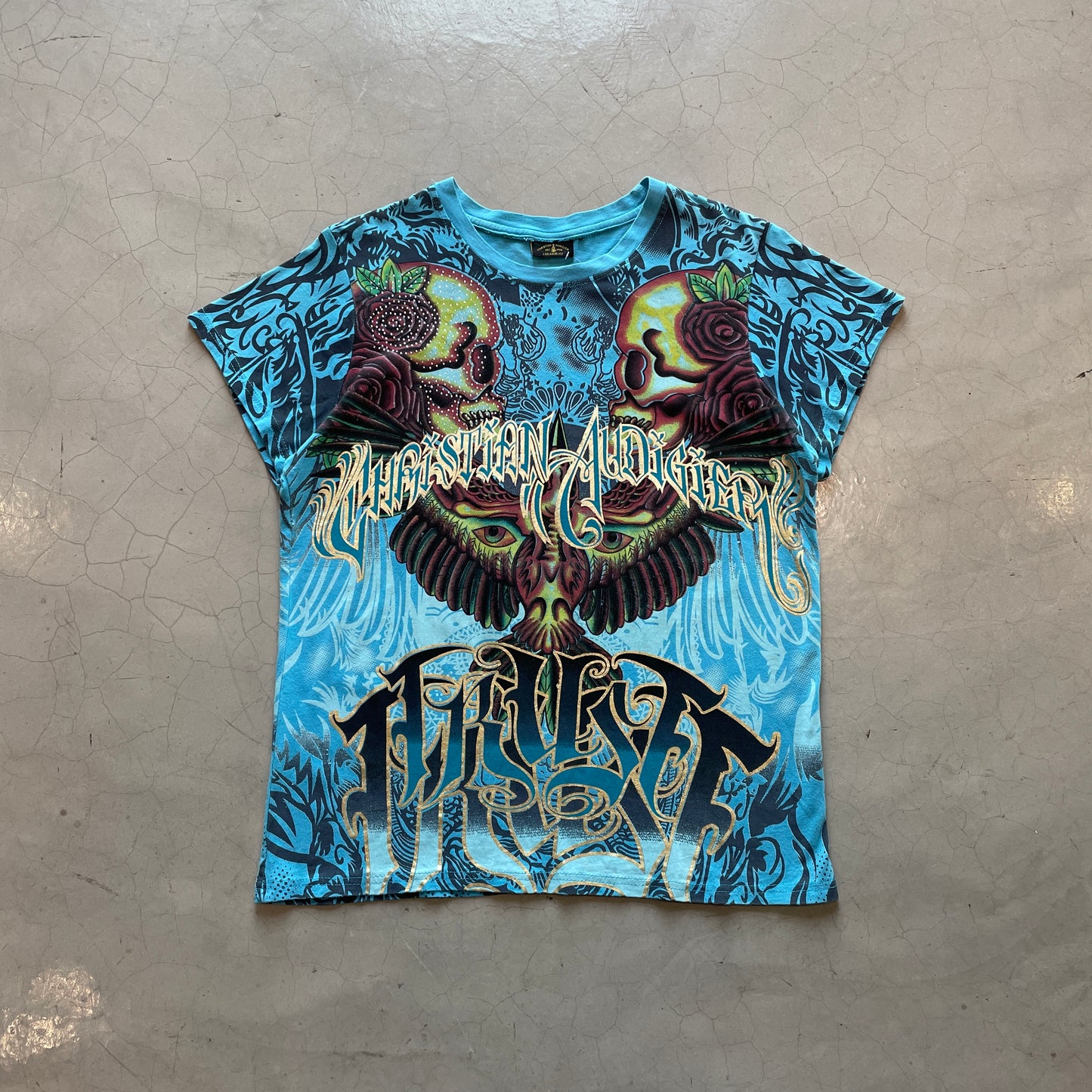 Y2K Christian Audigier Skull Trust Mega Print Tee