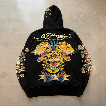 Vintage Y2K Ed Hardy Tiger Reversible Embroidered Hoodie