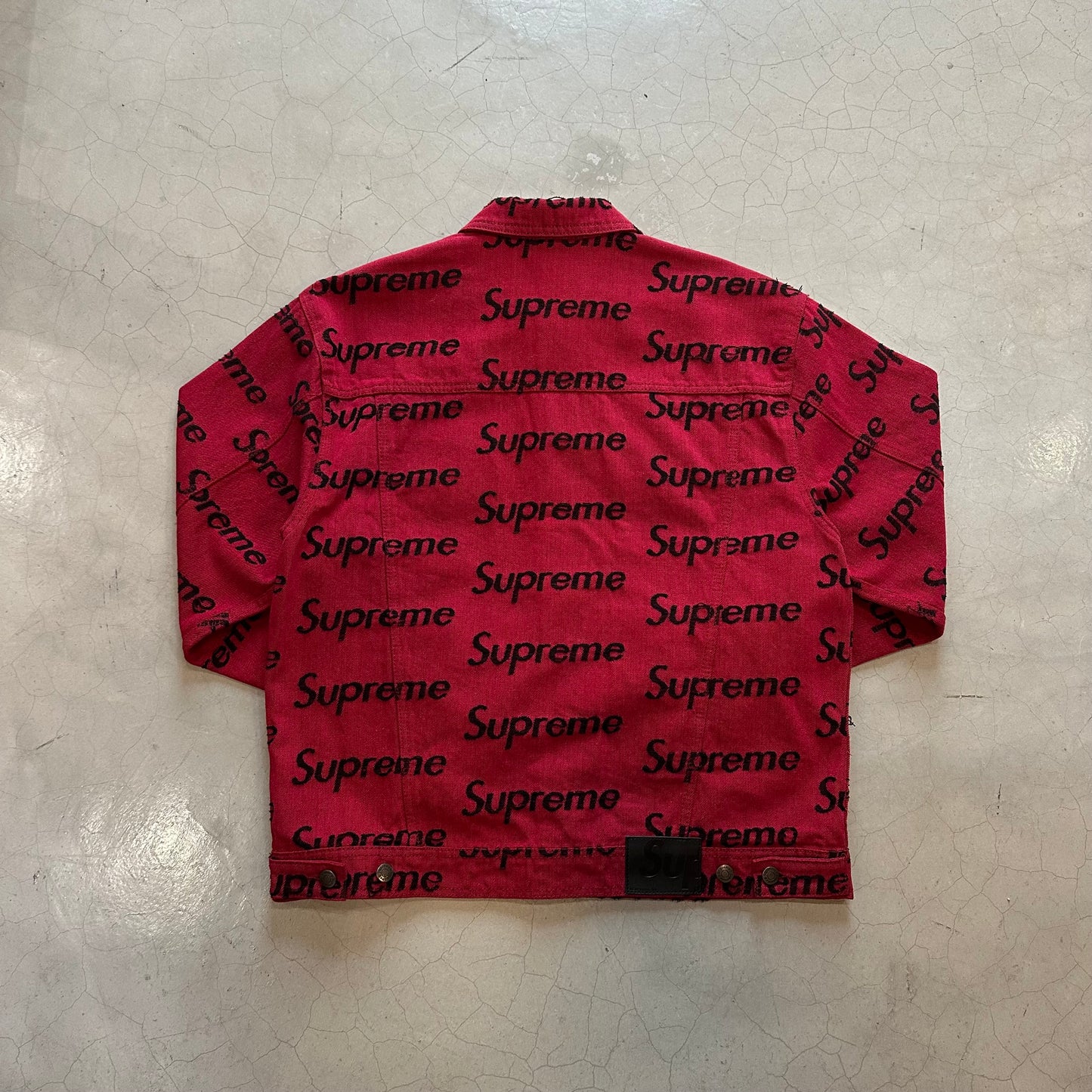 Supreme Frayed Logos Denim Trucker Jacket (Red)