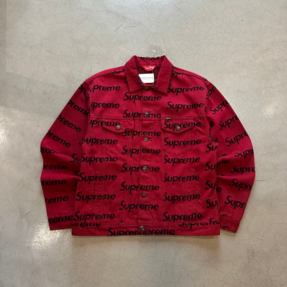 Supreme Frayed Logos Denim Trucker Jacket (Red)