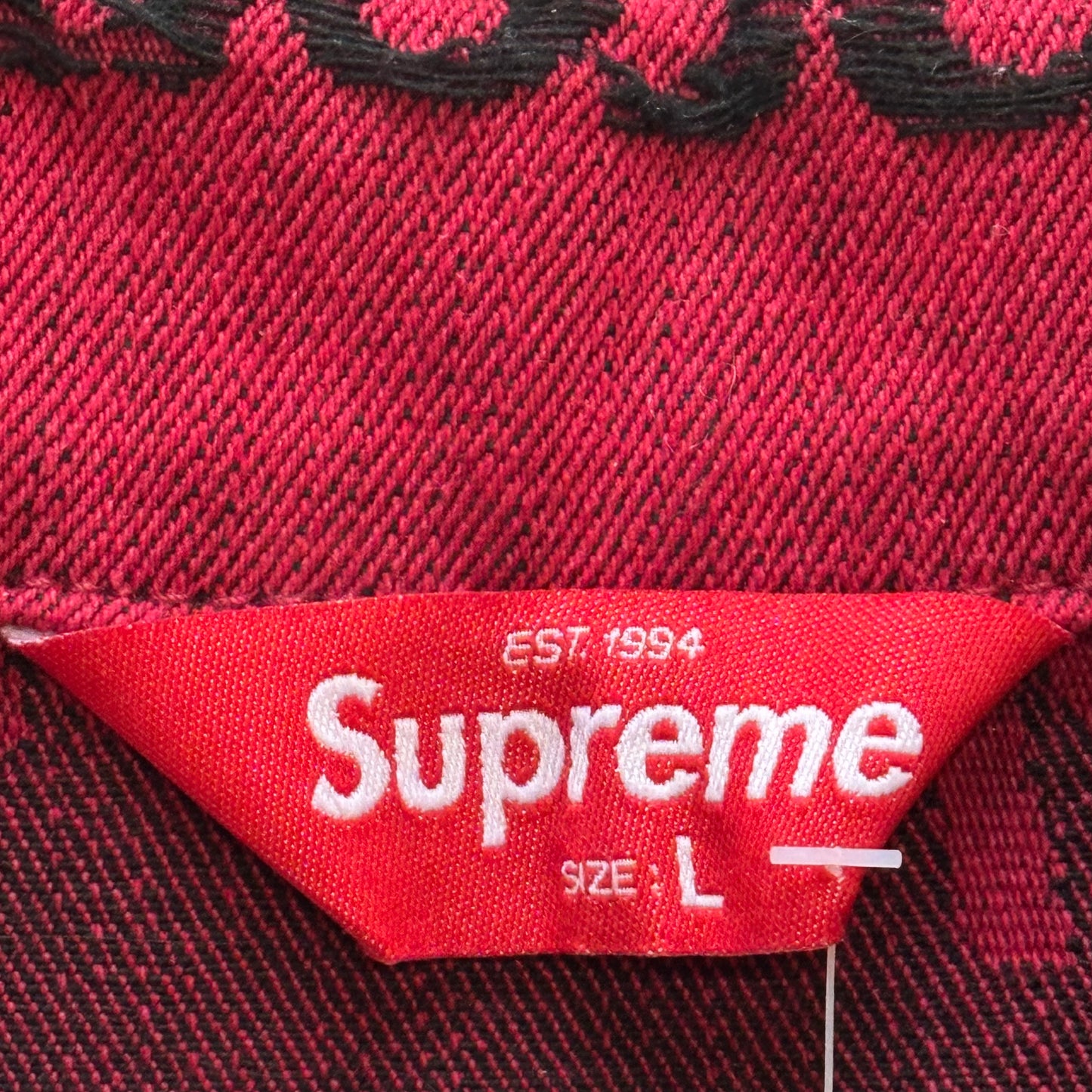Supreme Frayed Logos Denim Trucker Jacket (Red)